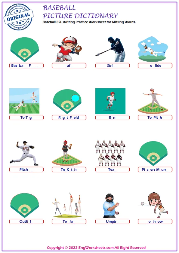Baseball ESL Writing Practice Worksheet for Missing Words. Worksheet Preview