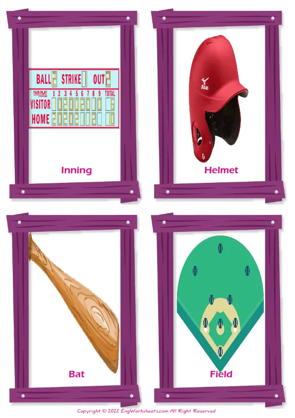 Baseball vocabulary worksheet with words, four images per page Worksheet Preview