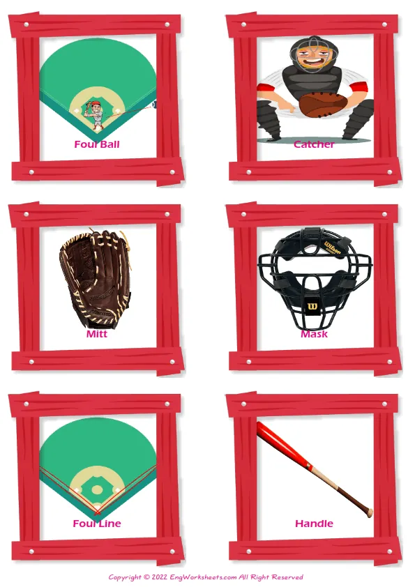 Baseball vocabulary worksheet with words, six images per page Worksheet Preview