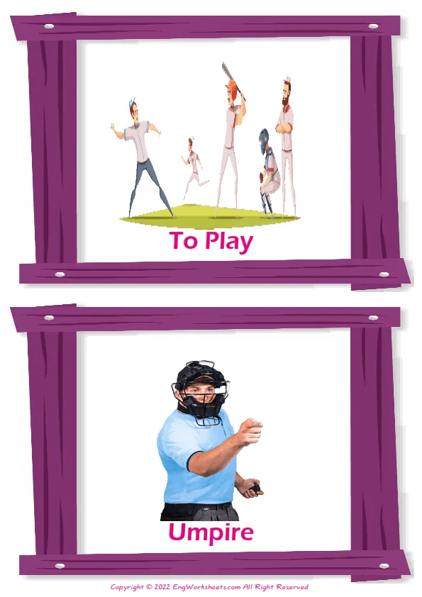 Baseball vocabulary worksheet with words, two images per page Worksheet Preview