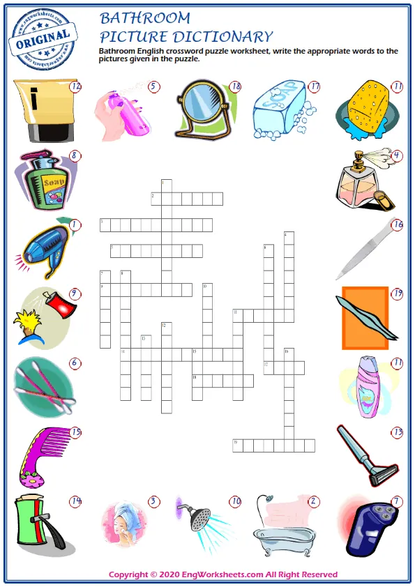 Bathroom English crossword puzzle worksheet, write the appropriate words to the pictures given in the puzzle.