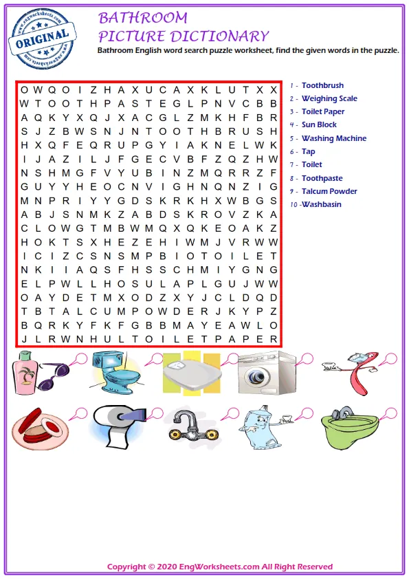 Bathroom English word search puzzle worksheet, find the given words in the puzzle. Worksheet Preview