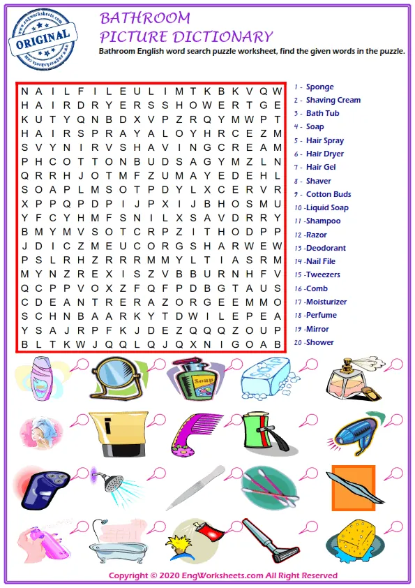 Bathroom English word search puzzle worksheet, find the given words in the puzzle. Worksheet Preview