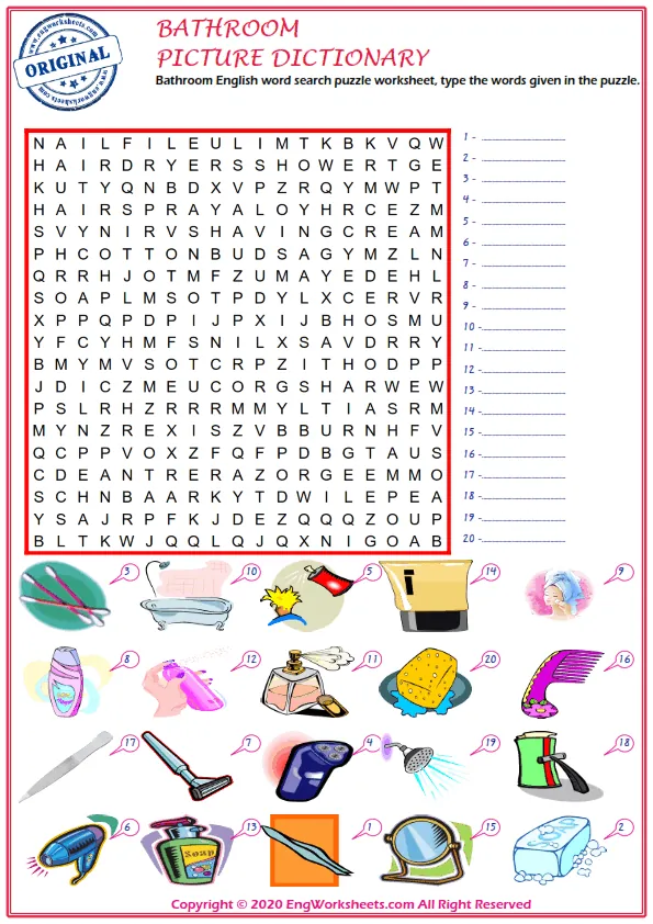 Bathroom English word search puzzle worksheet, type the words given in the puzzle.