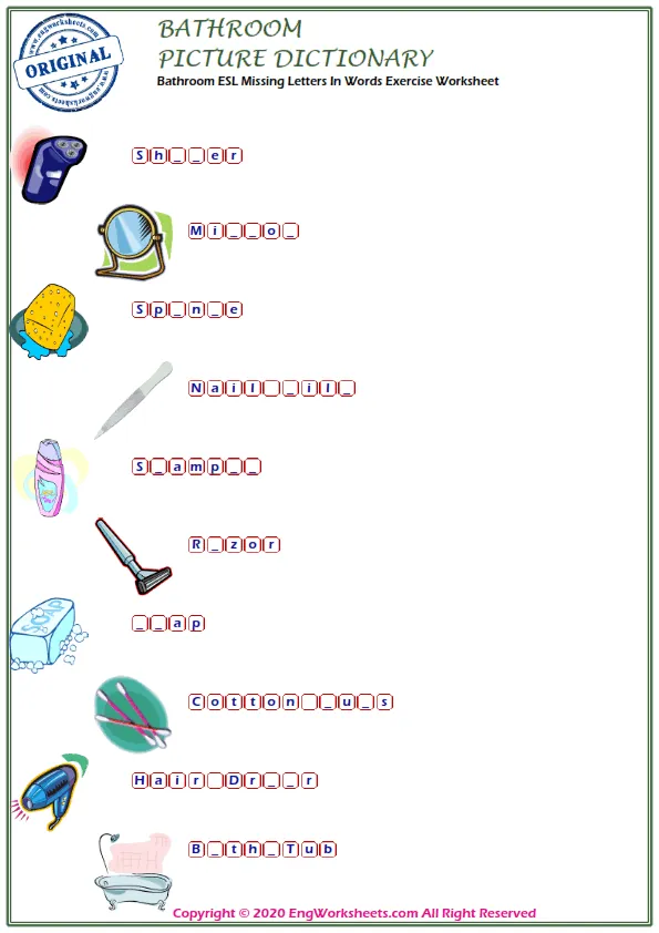 Bathroom ESL Missing Letters In Words Exercise Worksheet