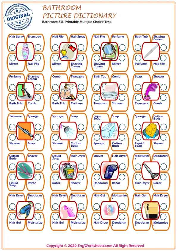 Bathroom ESL Printable Multiple Choice Test.