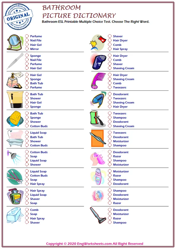 Bathroom ESL Printable Multiple Choice Test. Choose The Right Word.