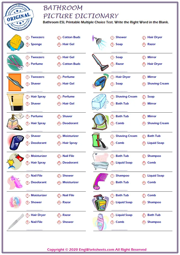 Bathroom ESL Printable Multiple Choice Test. Write the Right Word in the Blank.