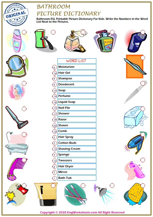 Bathroom ESL Printable Picture Dictionary For Kids. Write the Numbers in the Word List Next to the Pictures. Worksheet Preview
