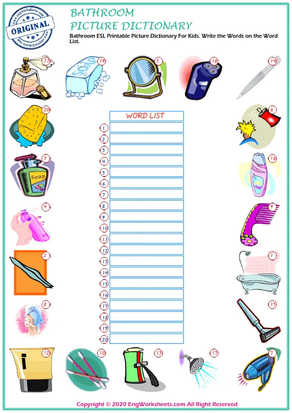 Bathroom ESL Printable Picture Dictionary For Kids. Write the Words on the Word List. Worksheet Preview