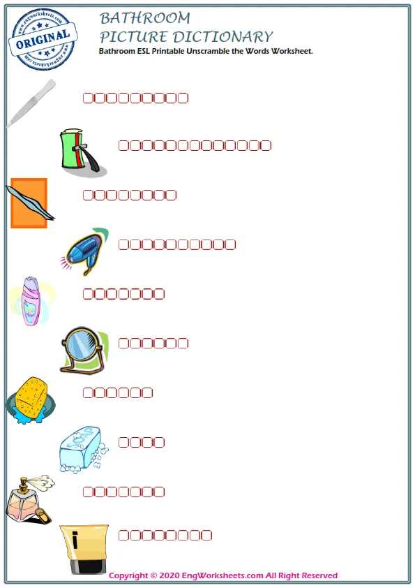 Bathroom ESL Printable Unscramble the Words Worksheet. Worksheet Preview