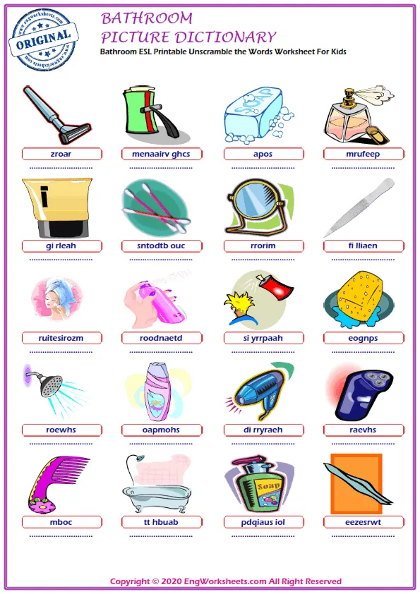 Bathroom ESL Printable Unscramble the Words Worksheet For Kids