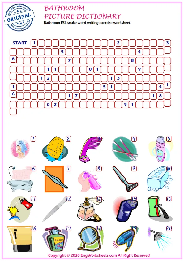 Bathroom ESL snake word writing exercise worksheet. Worksheet Preview