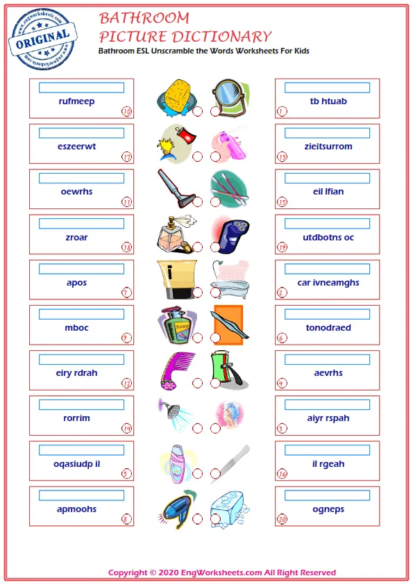 Bathroom ESL Unscramble the Words Worksheets For Kids