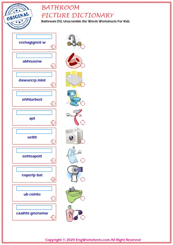Bathroom ESL Unscramble the Words Worksheets For Kids Worksheet Preview