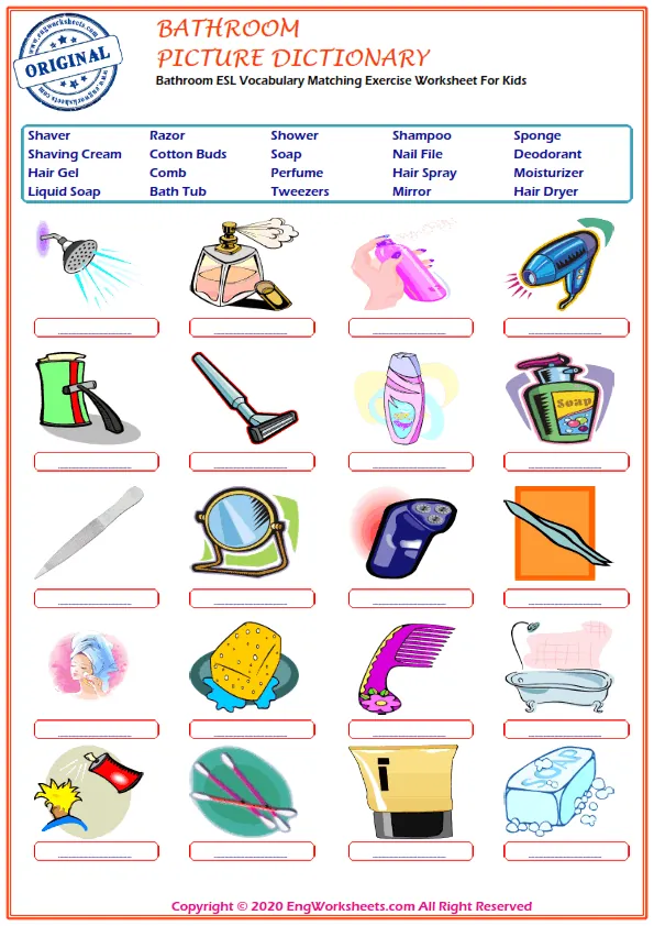 Bathroom ESL Vocabulary Matching Exercise Worksheet For Kids