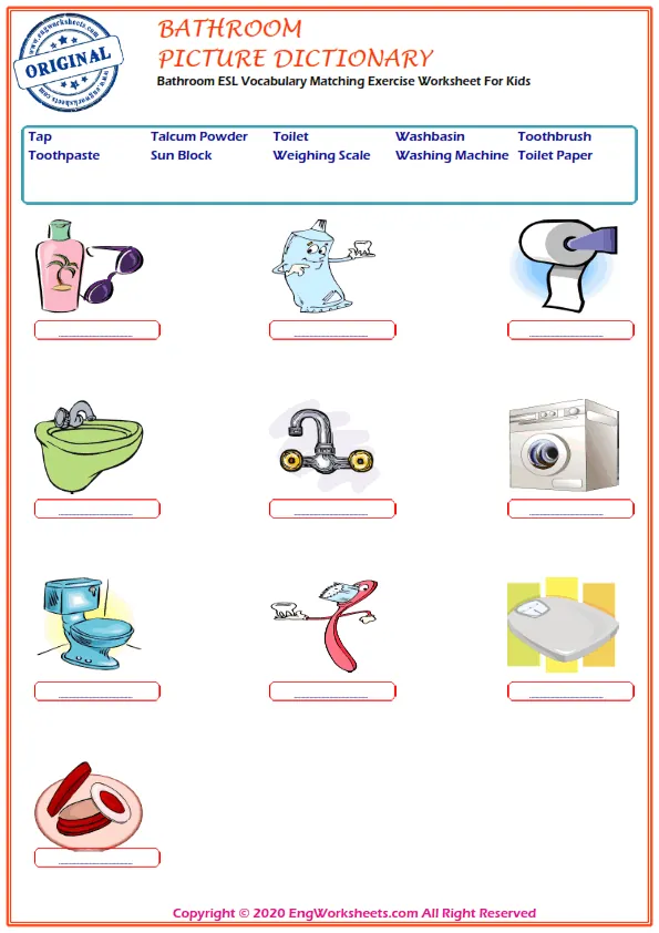 Bathroom ESL Vocabulary Matching Exercise Worksheet For Kids Worksheet Preview