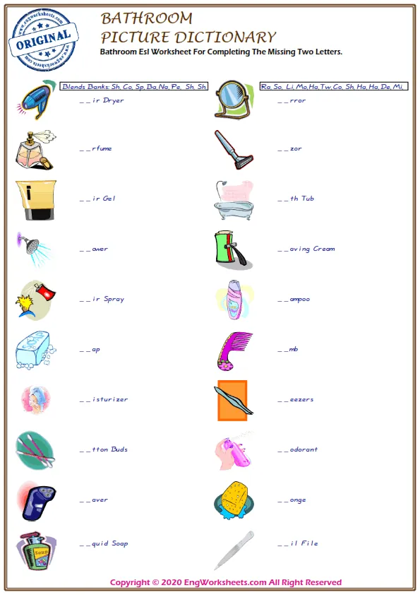 Bathroom Esl Worksheet For Completing The Missing Two Letters.