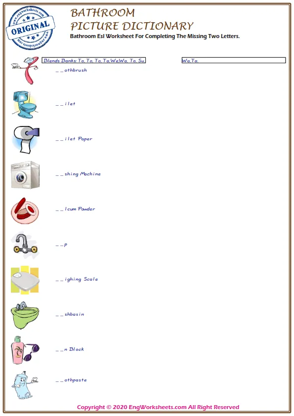 Bathroom Esl Worksheet For Completing The Missing Two Letters. Worksheet Preview