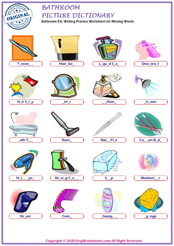 Bathroom ESL Writing Practice Worksheet for Missing Words.