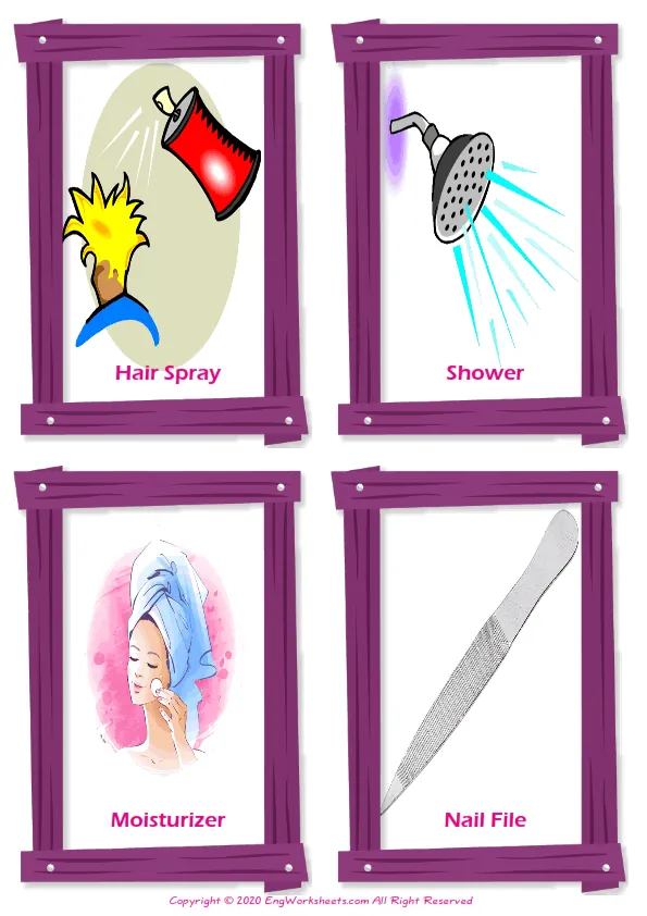 Bathroom vocabulary worksheet with words, four images per page