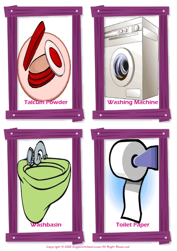 Bathroom vocabulary worksheet with words, four images per page Worksheet Preview