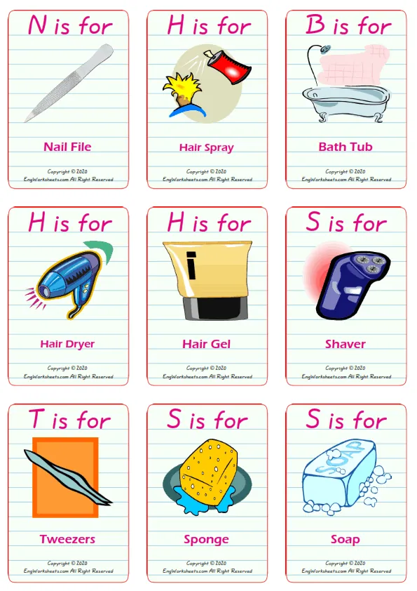 Bathroom vocabulary worksheet with words, nine images per page