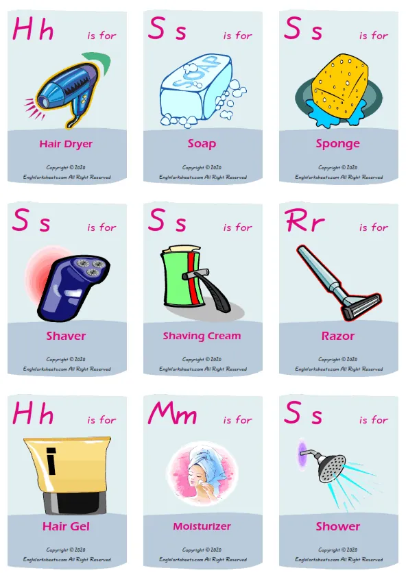 Bathroom vocabulary worksheet with words, nine images per page