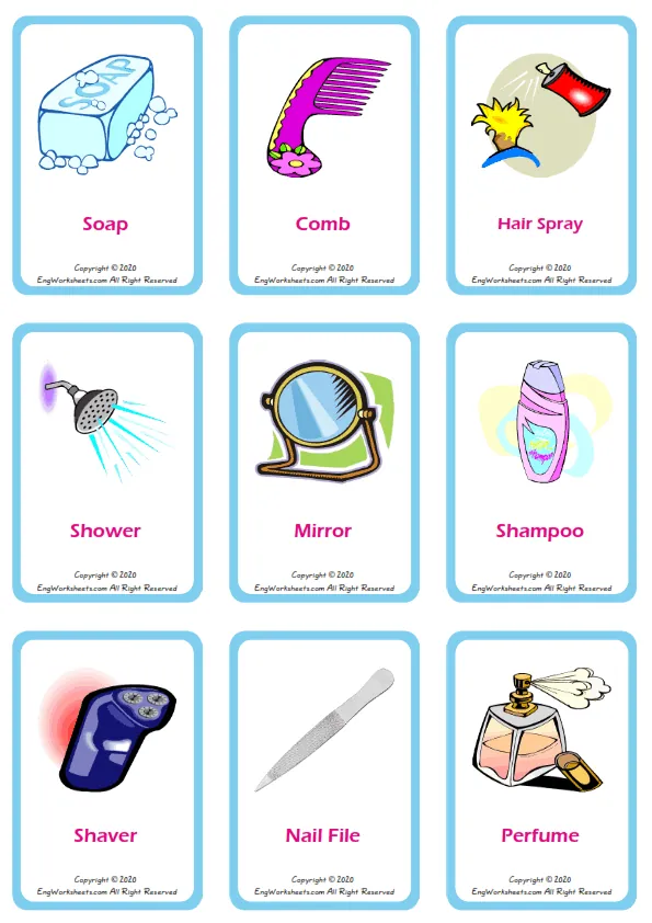 Bathroom vocabulary worksheet with words, nine images per page