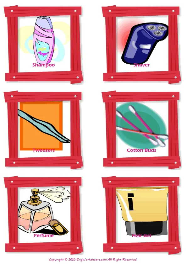 Bathroom vocabulary worksheet with words, six images per page