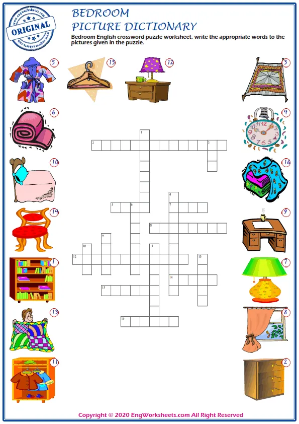 Bedroom English crossword puzzle worksheet, write the appropriate words to the pictures given in the puzzle.