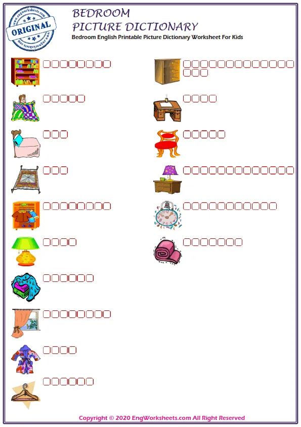 Bedroom English Printable Picture Dictionary Worksheet For Kids