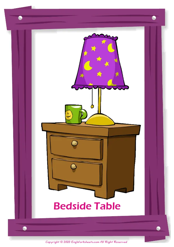 Bedroom English vocabulary worksheet with full-page words