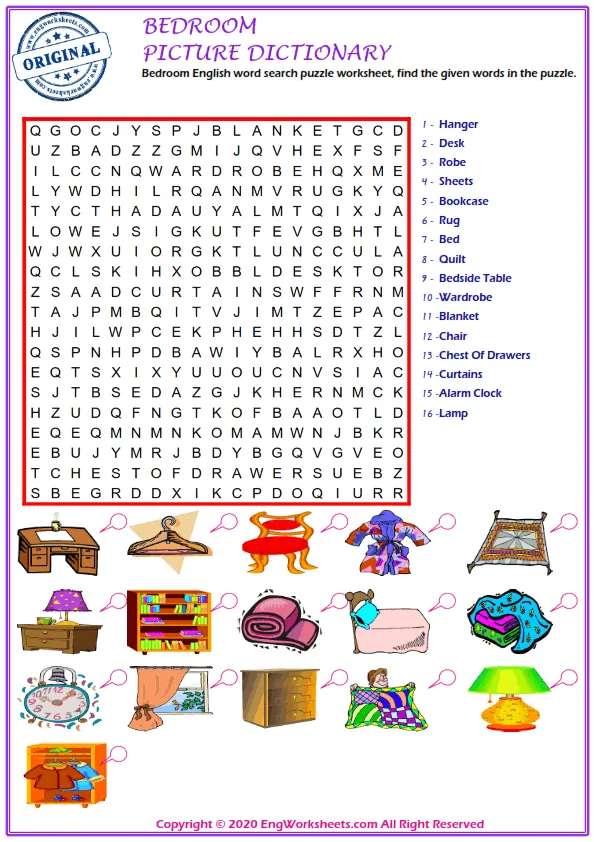 Bedroom English word search puzzle worksheet, find the given words in the puzzle.