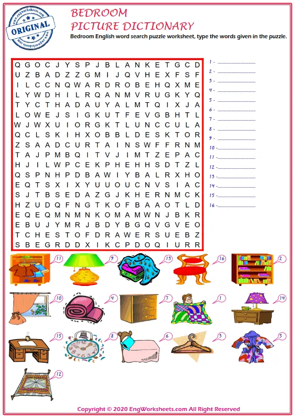 Bedroom English word search puzzle worksheet, type the words given in the puzzle.