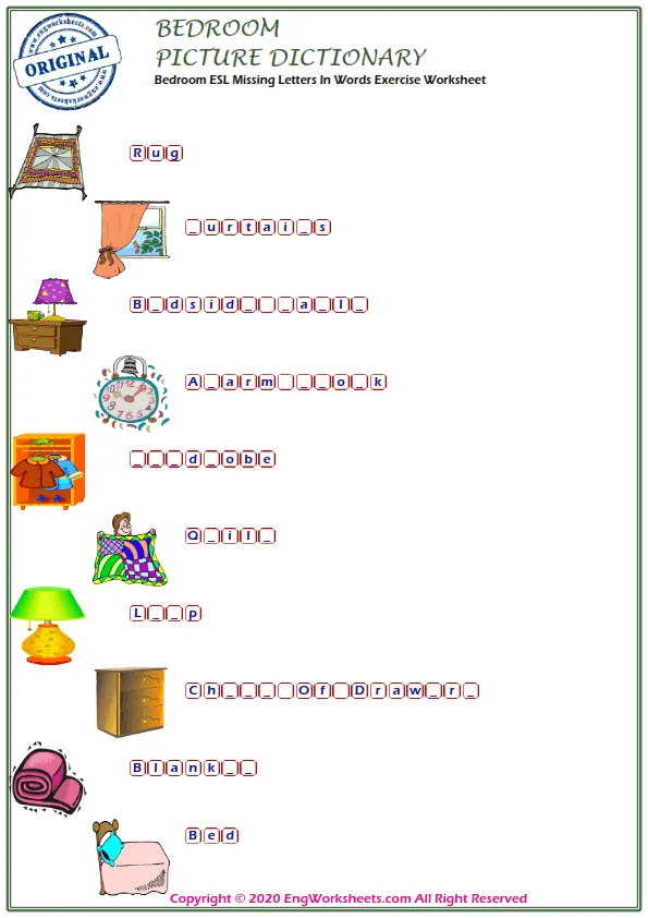 Bedroom ESL Missing Letters In Words Exercise Worksheet