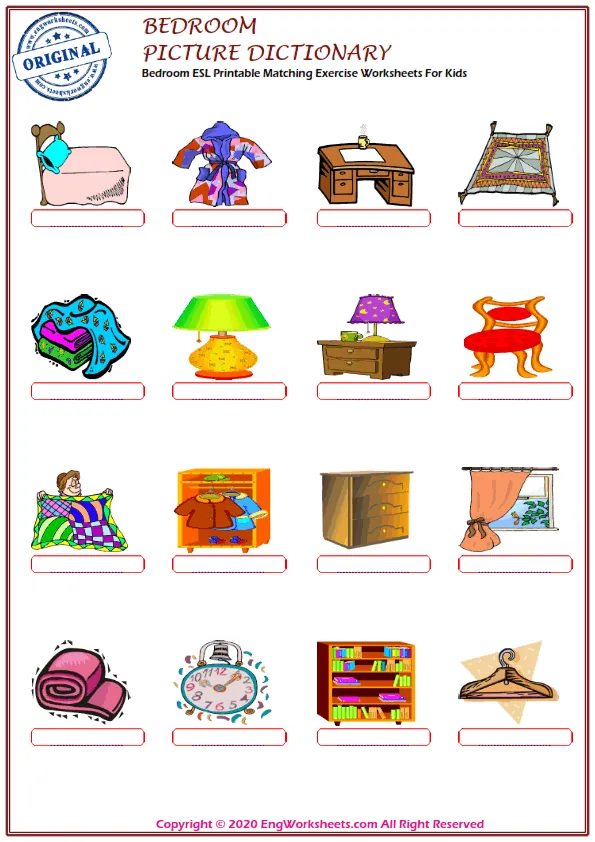 Bedroom ESL Printable Matching Exercise Worksheets For Kids
