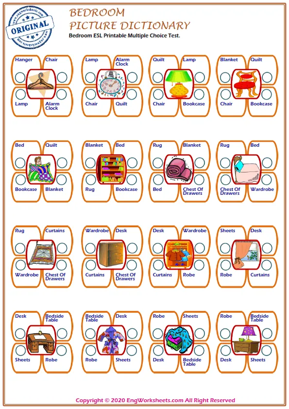 Bedroom ESL Printable Multiple Choice Test.