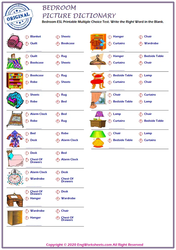 Bedroom ESL Printable Multiple Choice Test. Write the Right Word in the Blank.