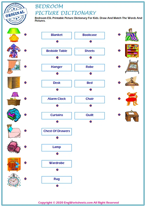Bedroom ESL Printable Picture Dictionary For Kids. Draw And Match The Words And Pictures.
