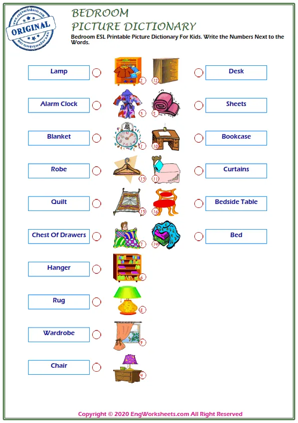 Bedroom ESL Printable Picture Dictionary For Kids. Write the Numbers Next to the Words.