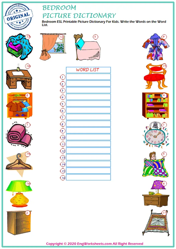 Bedroom ESL Printable Picture Dictionary For Kids. Write the Words on the Word List.