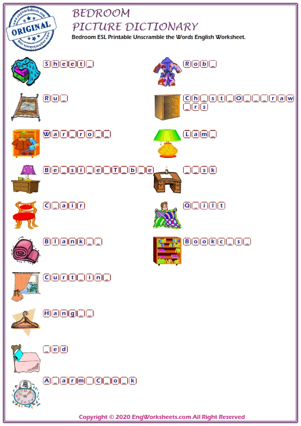 Bedroom ESL Printable Unscramble the Words English Worksheet.