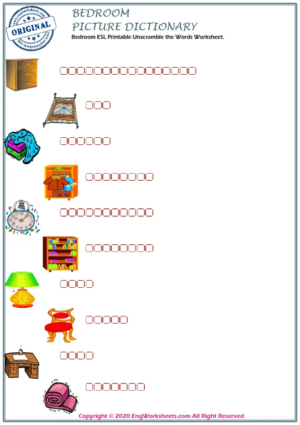 Bedroom ESL Printable Unscramble the Words Worksheet.