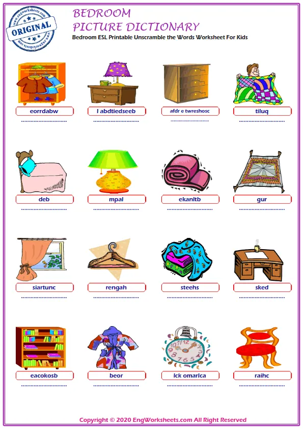 Bedroom ESL Printable Unscramble the Words Worksheet For Kids