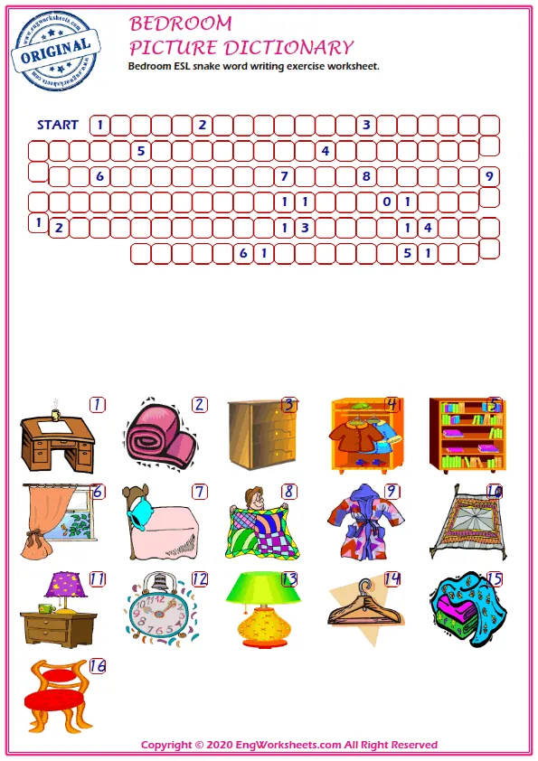 Bedroom ESL snake word writing exercise worksheet.