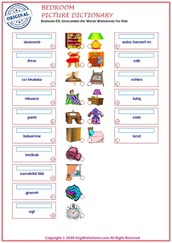 Bedroom ESL Unscramble the Words Worksheets For Kids