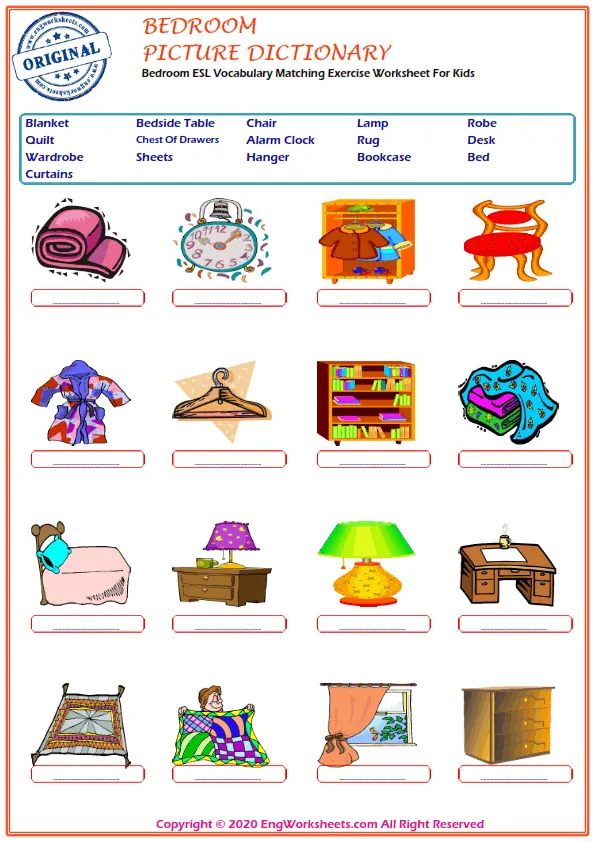 Bedroom ESL Vocabulary Matching Exercise Worksheet For Kids
