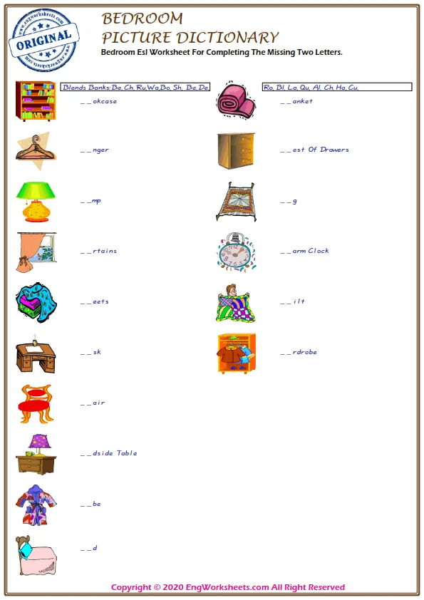 Bedroom Esl Worksheet For Completing The Missing Two Letters.