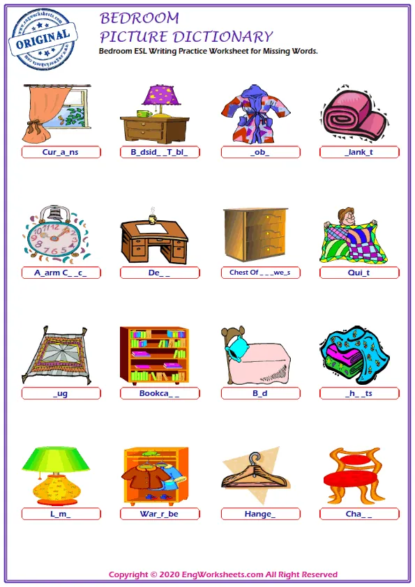 Bedroom ESL Writing Practice Worksheet for Missing Words.